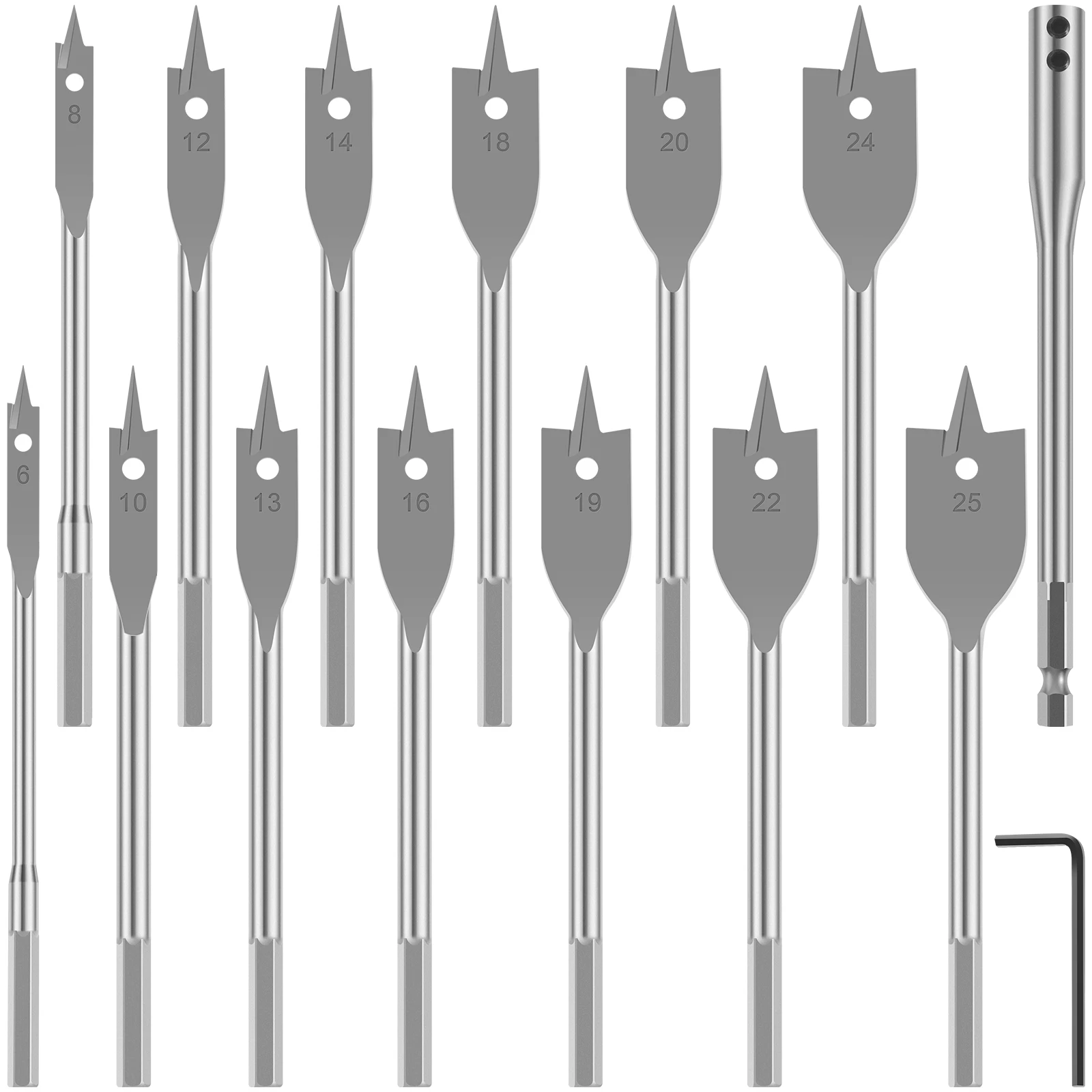 

15Pcs Spade Drill Bit Set 6mm-25mm Carbon Steel Paddle Flat Bit Set with Connection Rod and Wrench High Hardness Wood Hole