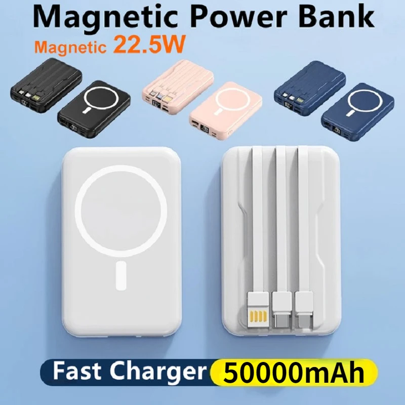 50000Mah Wireless Magnetic Power Bank Portatile Powerbank Tipo C Caricabatterie Rapido Cavo Integrato Per Iphone 14 13 Xiaomi Battery Pack