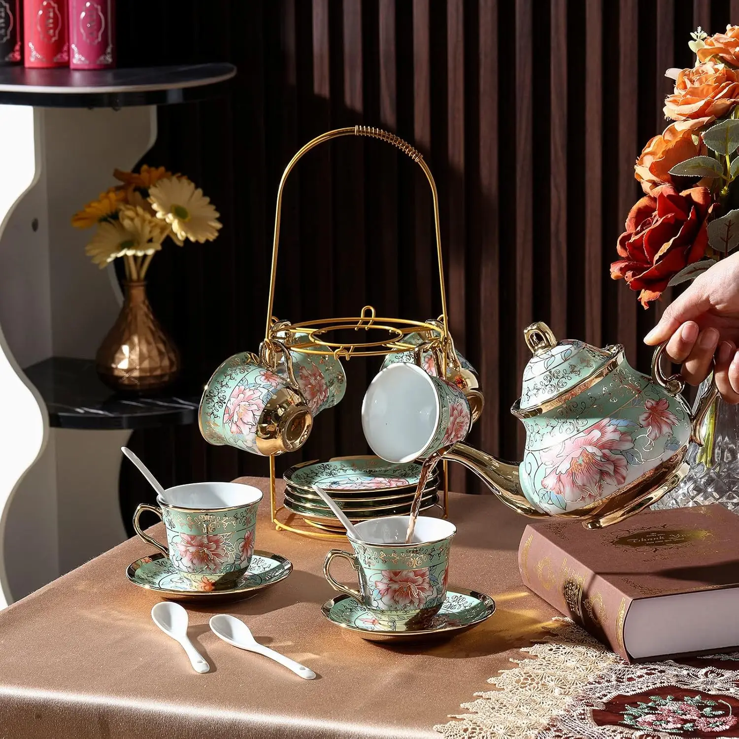 20 Pcs Porcelain Tea Set with Metal Holder Adult Ceramic Tea Party Set European Flower Cup Saucer for Adult Women