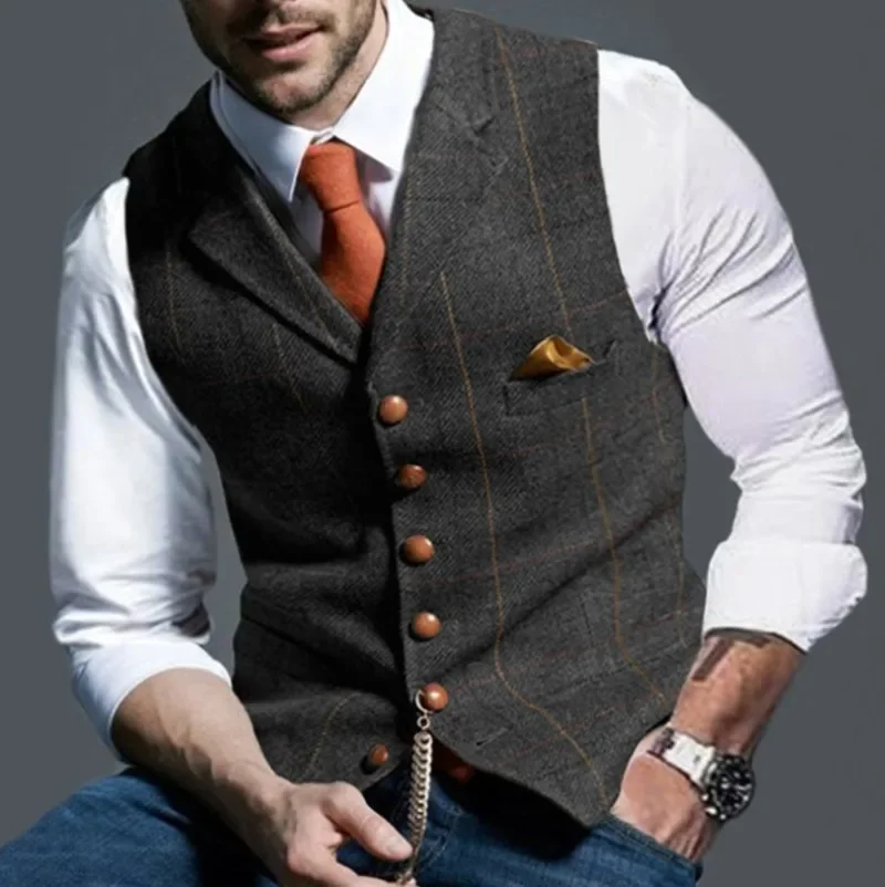 Dress Vests Men's Retro Suit Vest Fashion Plaid Lapel Single-breasted Waistcoat with Pocket Business Casual Formal Vest Tops Men's Clothing