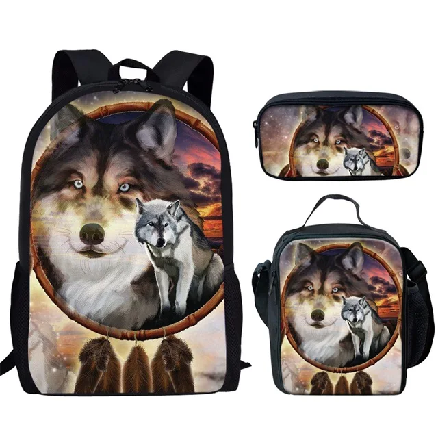 Hip Hop Harajuku Moon Wolf 3pcs/Set Backpack 3D Print Student Large Capacity Bag Travel Laptop Daypack Lunch Bags Pencil Case