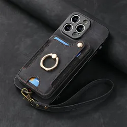 Leather Flip Wallet Case with Multi Card Slots and Ring Holder - Magnetic Stand Phone Cover - iPhone 14 (Black)