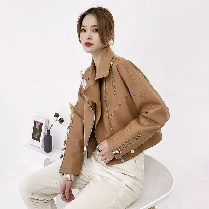 

Leather Jacket Women's Spring 2024 New Korean Version Short Leather Coat Versatile and Fashion Motorcycle PU Leather Clothing