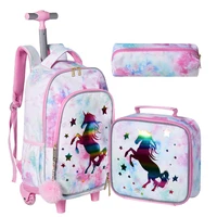 3PCS Rolling Backpack for Girls Kids Wheeled School BookBag With Lunch And Pen Bag Pink Unicorn Glow-in-the-dark Function 1