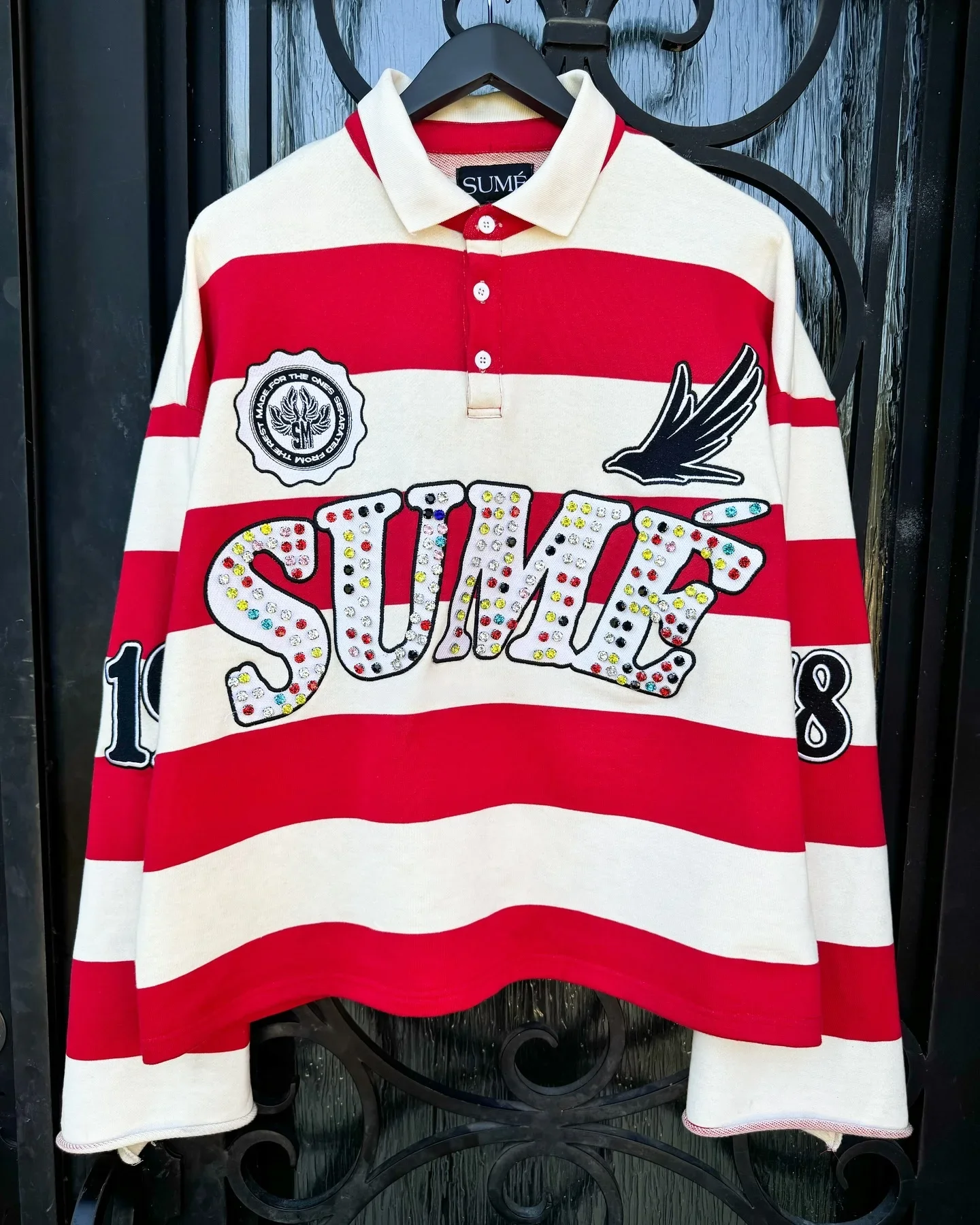 Sume Autumn Men's Hip Hop Embroidered Stripe Polo - Retro Fashion Long Sleeve Shirt