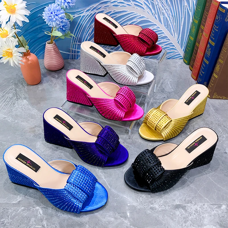 2023 New Fashion Top Italian Designer Luxury Round Head Colorful Bright Diamond Bow Tie Summer Party Women Chunky Heel Sandals