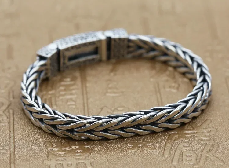 New Silver Color Chinese Trendy Men's Personalized Hand-woven Twist Buckle Bracelet Retro Ethnic Style Chain Jewelry Accessories