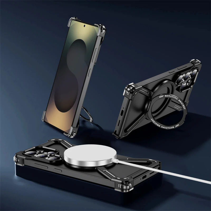 Premium Metal Magnetic Phone Case with 360° Rotating Bracket and Aluminum Alloy Frameless Shockproof Design