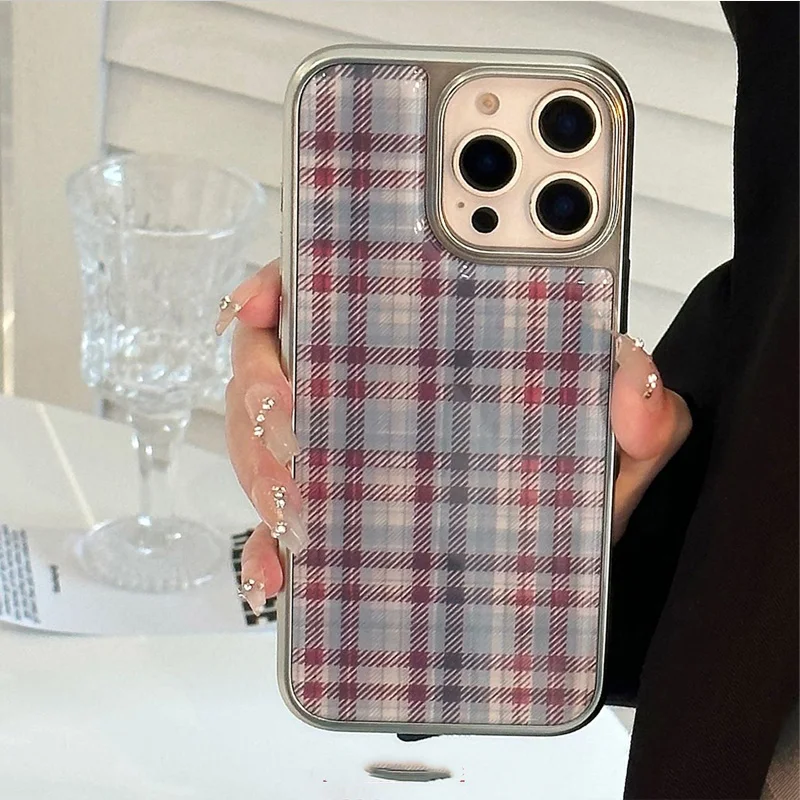 Korean Sweet Red & Blue Grid Pattern Electroplated Resin Phone Case