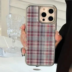 Korean Sweet Red & Blue Grid Pattern Electroplated Resin Phone Case - Galaxy S23 Ultra (A)
