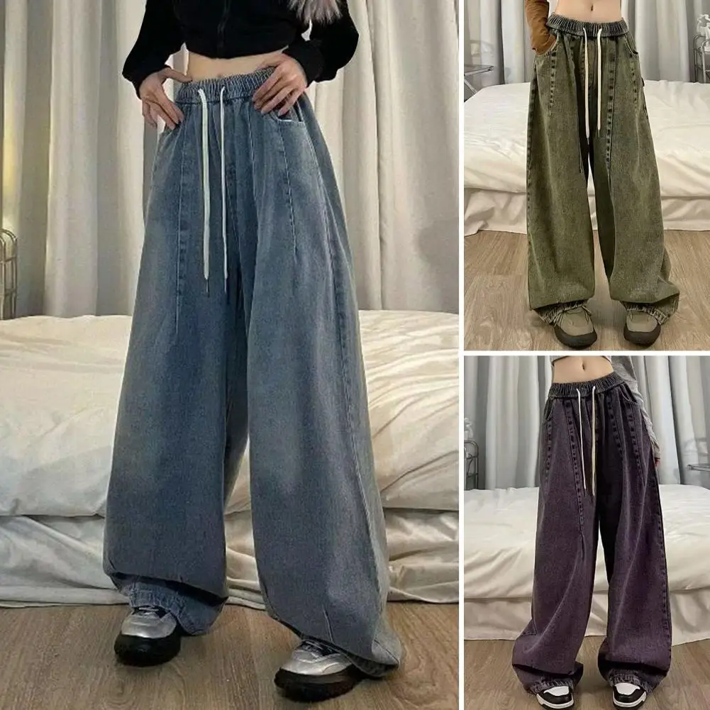 

Unisex Denim Jeans Vintage Wide Leg Denim Jeans with Elastic Waist Crotch Pockets for Women Hop Streetwear Fashion Statement Men