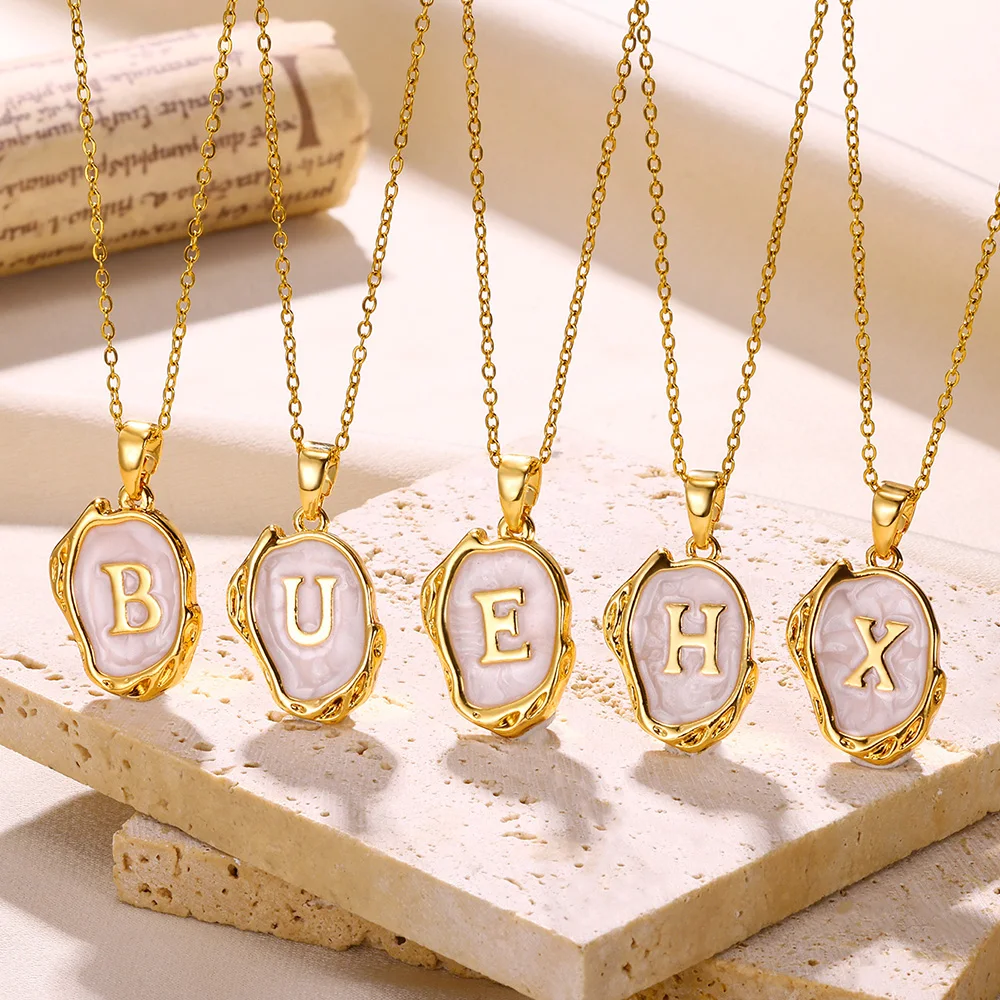 Women Jewelry Initial A-Z Letters Pendant Necklace Vintage Oil Dripping Shell