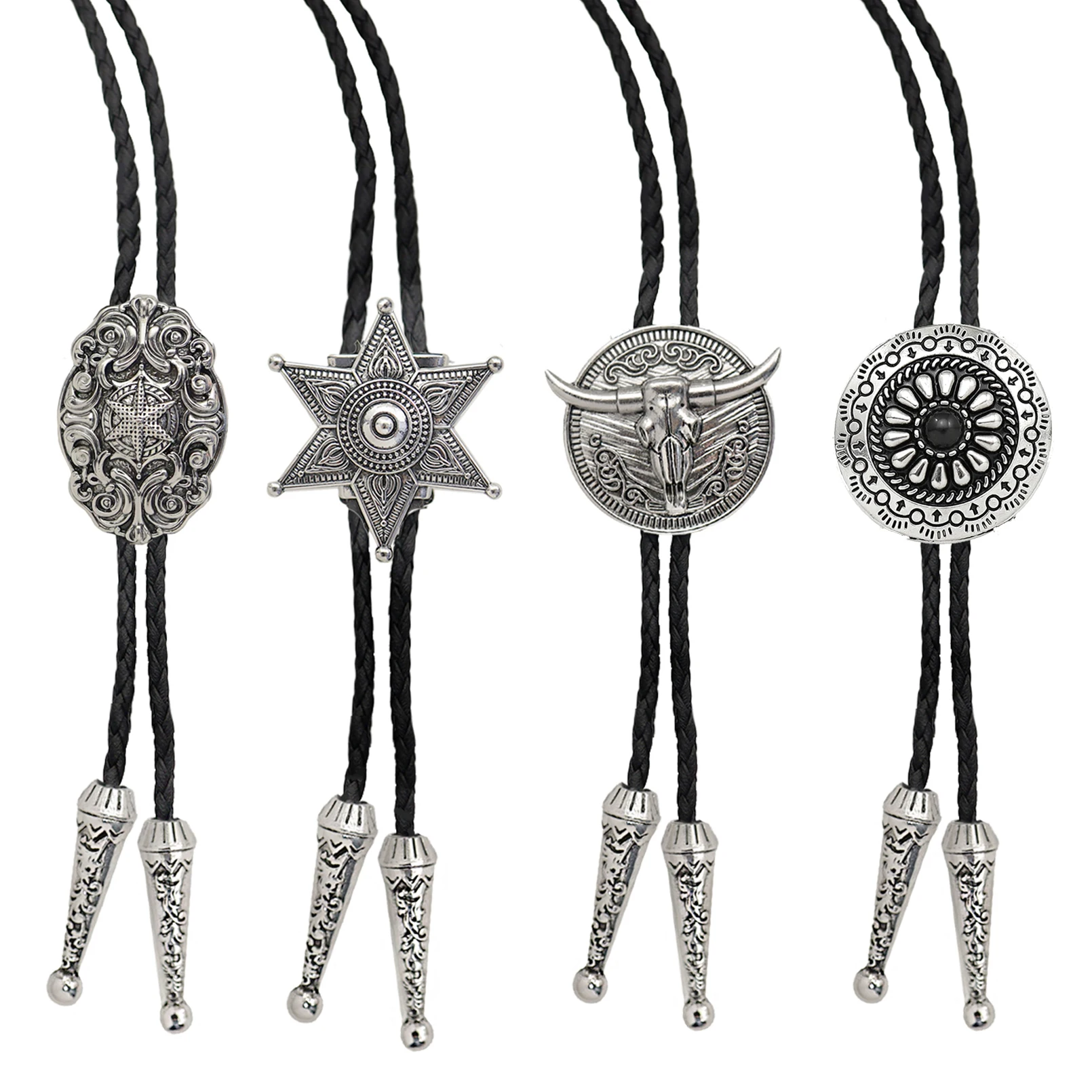 Western Cowboy Bolo Tie for Men Star Bull Circular Cross Pendant Leather Rope Necktie Women Necklace Accessories