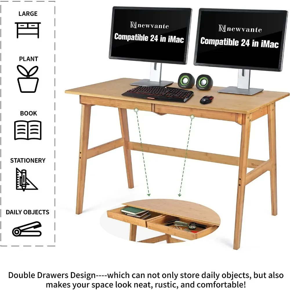 New2025-Writing Computer Desk 46" Bamboo Home Office Table with 2 Drawers, Modern Furniture Simple Study Makeup Workstation