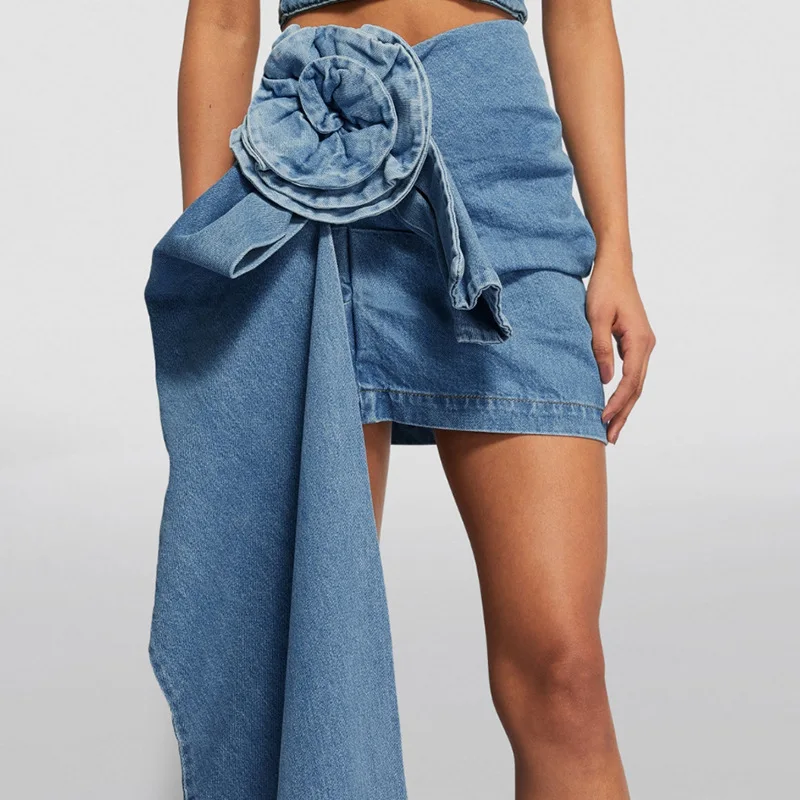 

2023 Summer New Street Fashion 3D Three-dimensional Rose Denim Skirt Simple Retro Blue Short Bag Hip A-line Skirt Mini Y2k