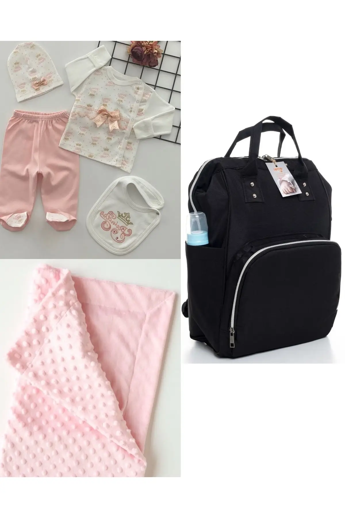 

Functional Mother Baby Care Backpack, 100% Cotton Hospital Exit And Chickpea Blanket Set Cotton Pink