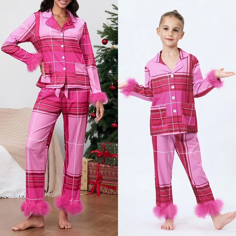 Conjunto de pijama a juego para el día de San Valentín para mamá y yo, pijama navideño con ribete de piel de plumas, ropa de dormir de satén de seda para madre e hija