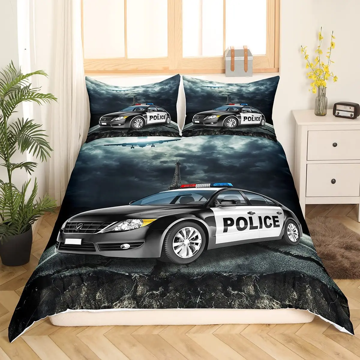 Housse De Couette Pour Voiture De Police, Ensemble De Literie Double Noir Pour Voiture De Policier, Housse De Couette Pour Véhicule De Dessin Animé, Lumières Rouges, Housse De Couette En Polyester