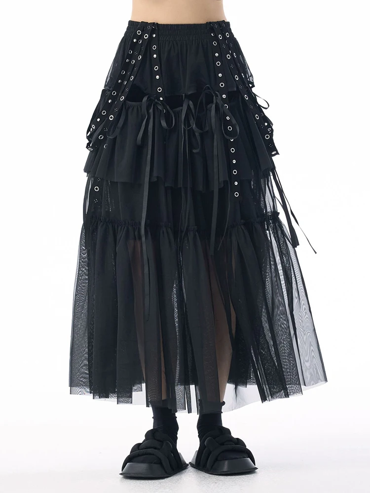 [EAM] High Elastic Waist Coffee Mesh Perspective Ribbon Strap Half-body Skirt Women Fashion Tide New Spring Autumn 2026 1DJ5044