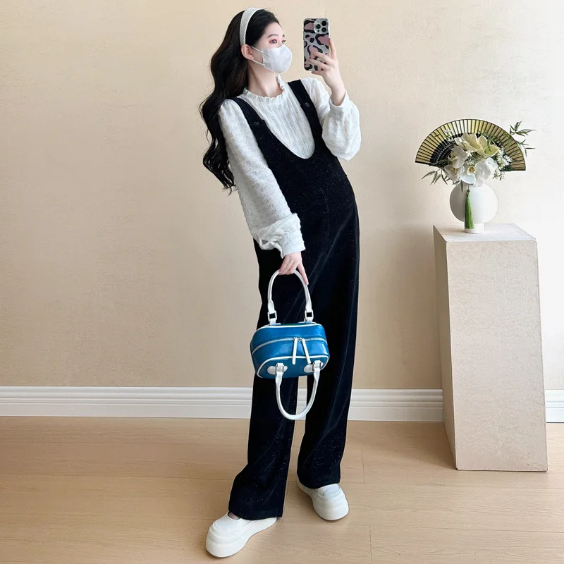 Maternity Clothes Set Pregnant Woman White Blouse+ Corduroy Overalls 2pcs Long sleeve Shirt Fleece-lined Pants Fashion Suit