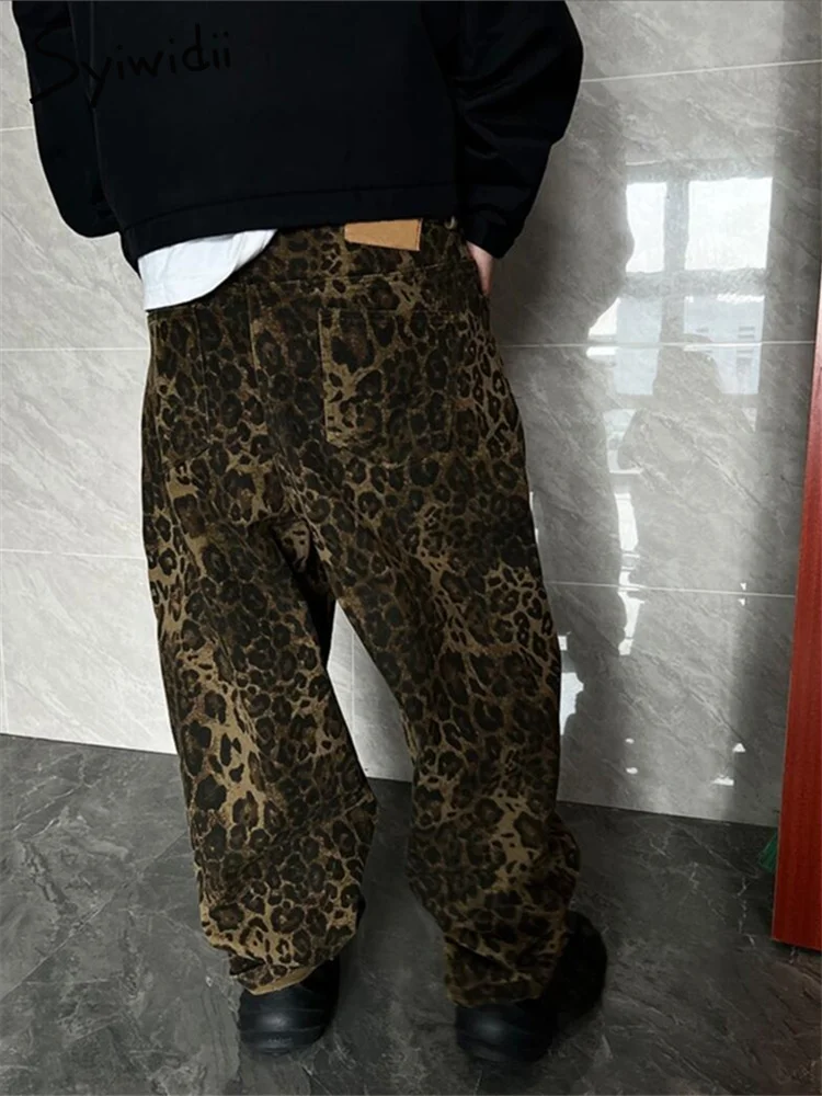 Syiwidii 여성용 하이 스트리트 레오파드 무늬 청바지, 빈티지 스트리트웨어, 헐렁한 와이드 레그 데님 바지, 캐주얼 Y2k 스트레이트 청바지