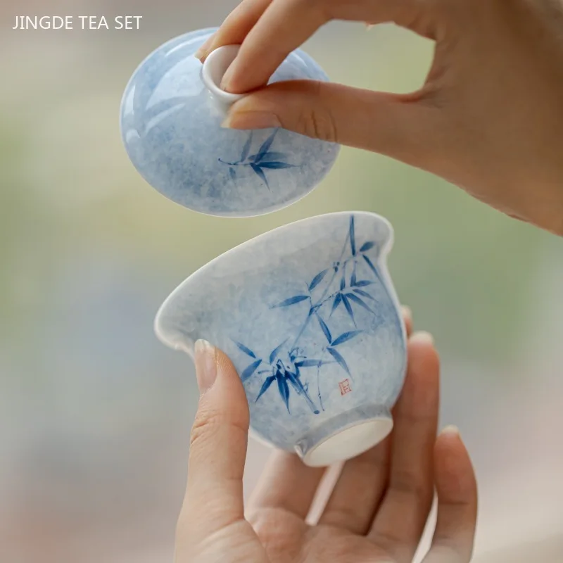 100ml Hand-painted Blue and White Porcelain Gaiwan Healthy Underglaze Ceramic Tea Infuser Household Beauty Teacup with Lid