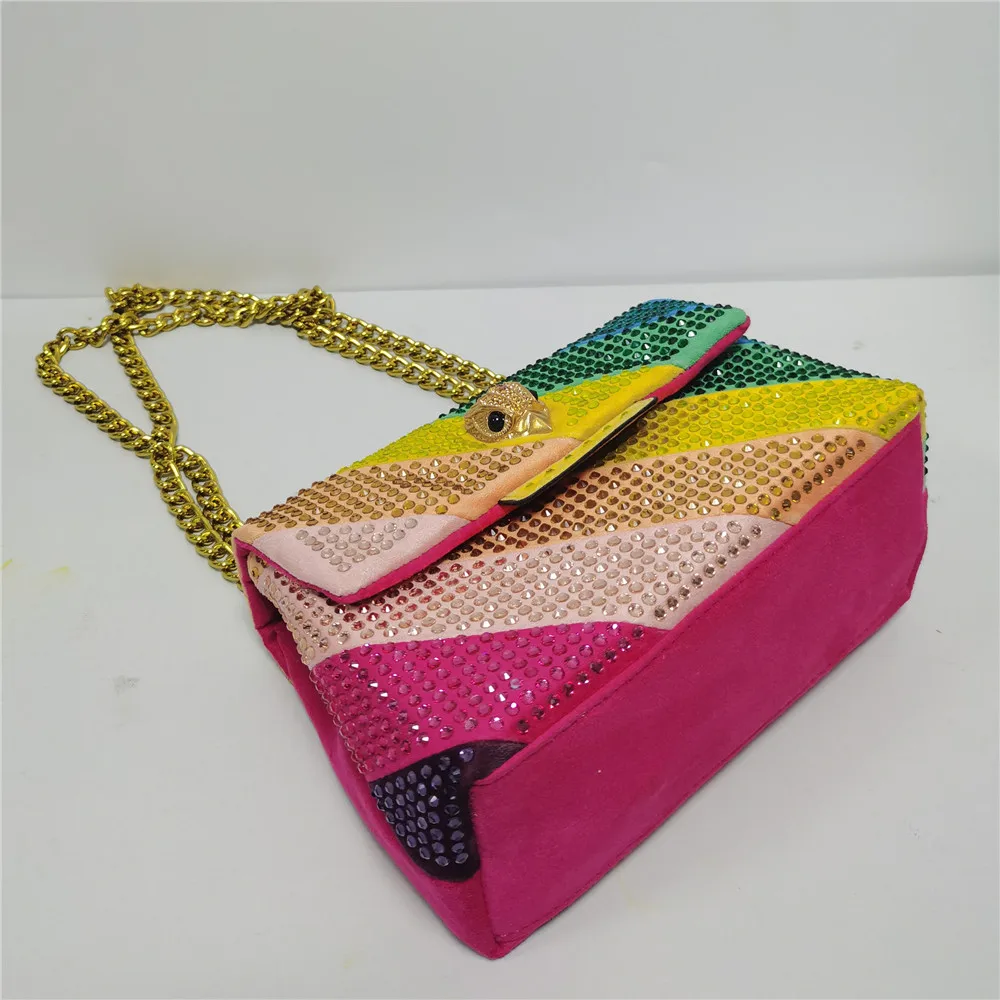 New Rainbow Patchwork Eagle Head Handbag Suede Diamond Women Purse Jointing Colorful Cross Body Bag