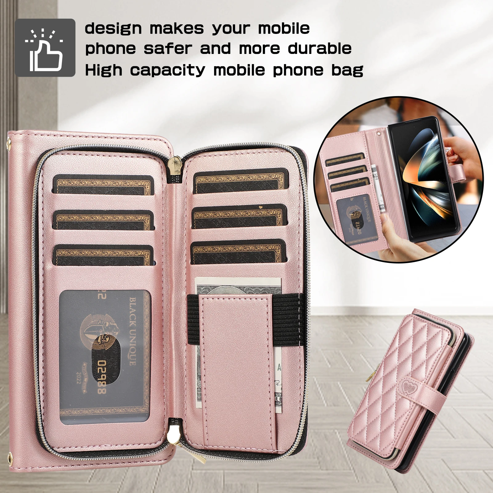 Premium High Capacity Card Holder Wallet Case with Crossbody Lanyard and Zipper Buckle Magnet Cover
