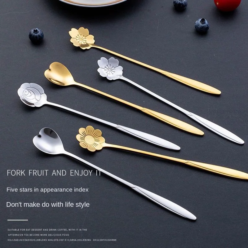 

Cherry Blossom Small Spoon Cute Creative Stainless Steel Long Handle Coffee Spoon Stirring Spoon Ice Cream Honey Dessert Spoon