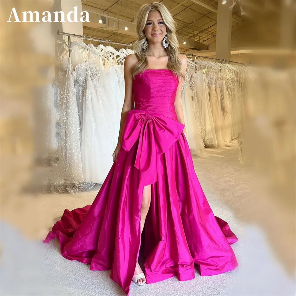 

Amanda Elegant Fuchsia Bow On Waist Prom Dress 2023 Simple Strapless Vestidos De Noche Sexy Side Split فساتين مناسبة رسمية