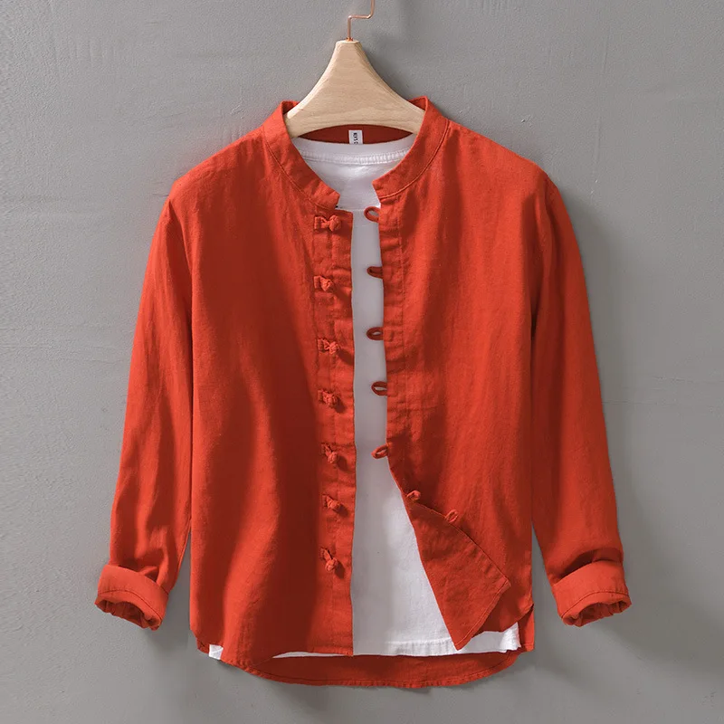

2023 Chinese Men's Clothing Thin Loose Linen Shirt Long Sleeve Cotton Linen Retro Style Button Stand Collar Shirt