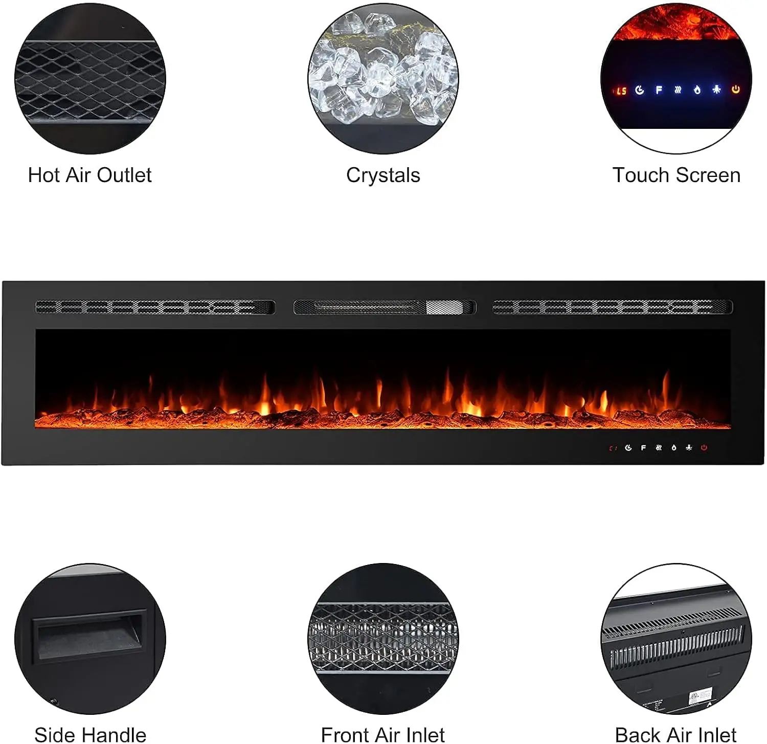 Electric Fireplaces Recessed Wall Mounted Fireplace Insert 70 Inch Wide Heater LED Fire Place Remote Control & Touch Screen