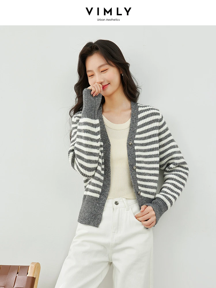 

Vimly Contrast Striped V-neck Knitted Cardigans 2024 Spring New Casual Grey Long Sleeve Top High Strecth Female Knitwear 72712