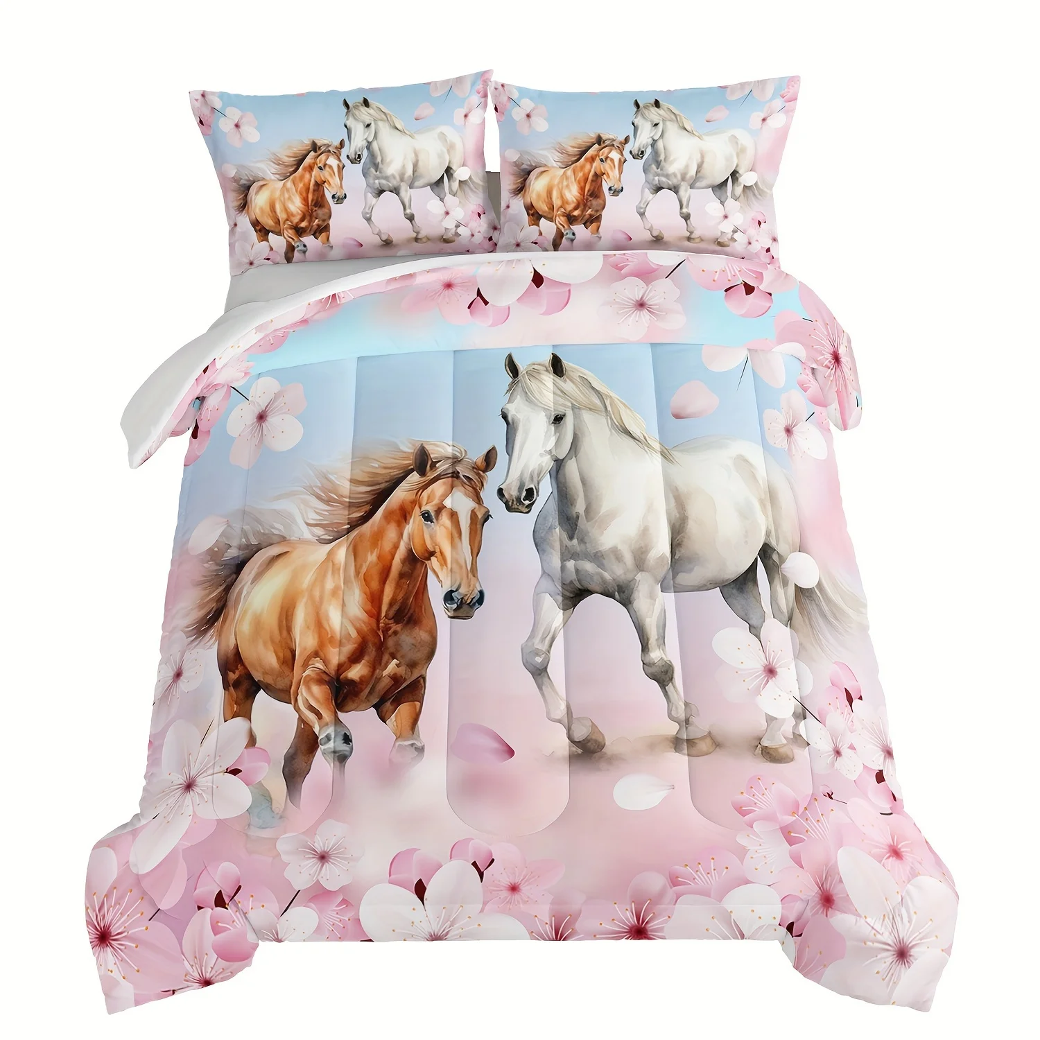 

3pcs Fashion Comforter Set (1 * Comforter + 2 * Pillowcase, No Core), Pink Sakura And Running Horse Print Bedding Set, Soft And