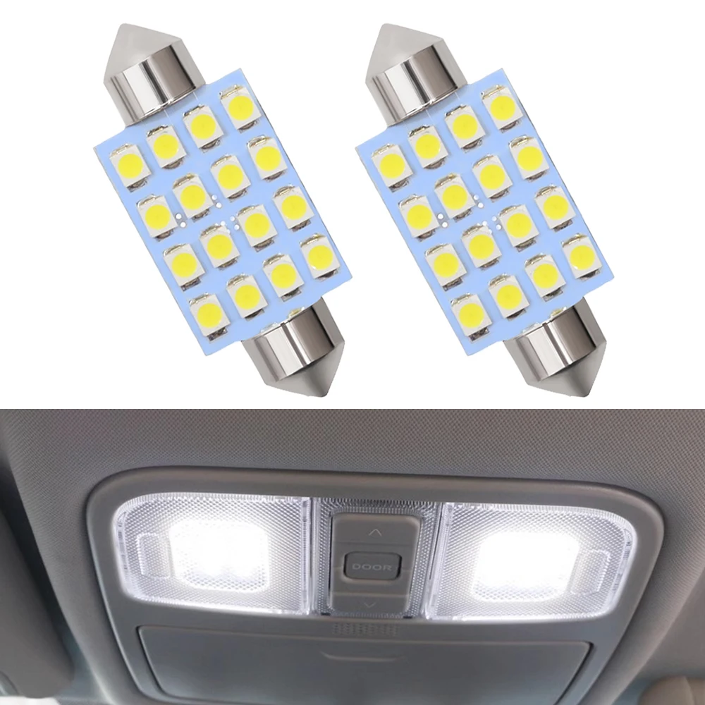 

2Pcs White 31mm 36mm 39mm C5W 16SMD Leds 12V Lighting Dome Reading Car License Plate Lights Trunk Lamp Wedge Bulbs Auto Roof LED