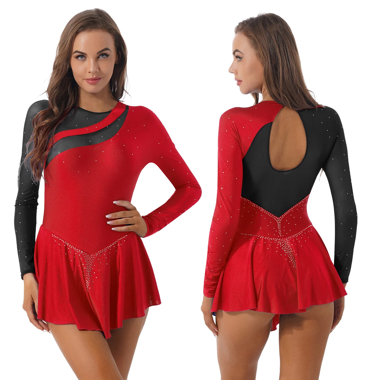 

Women's Figure Ice Skating Dress Ballet Dance Costume Women Rhinestone Splice Mesh Long Sleeve Gymnastics Competition Dancewear