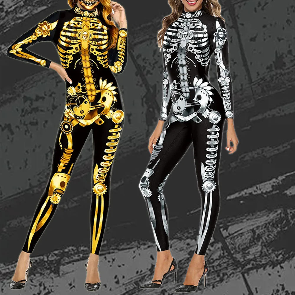 

Halloween Cosplay Costume Men Women Skeleton Print Sexy Bodysuit Holiday Party Disguise Oufit Stage Performance Jumpsuit Catsuit