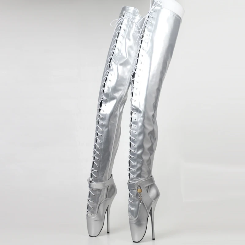 18CM/7 Inch Women Thigh High Ballet Boots Sexy Pole Dancing Shoes Men Cosplay Fetish Corset Dominatrix Black White Silver Big