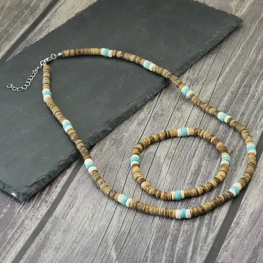 أنيق 2 قطعة خشبية سوار مُزين بالخرز قلادة مجموعة ا...