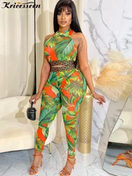 Kricesseen Sexy Print Leaves Skinny Two Pieces Pant Set New Women Sleeveless Tank Top And Leggings Suit Sportwear Matching Set