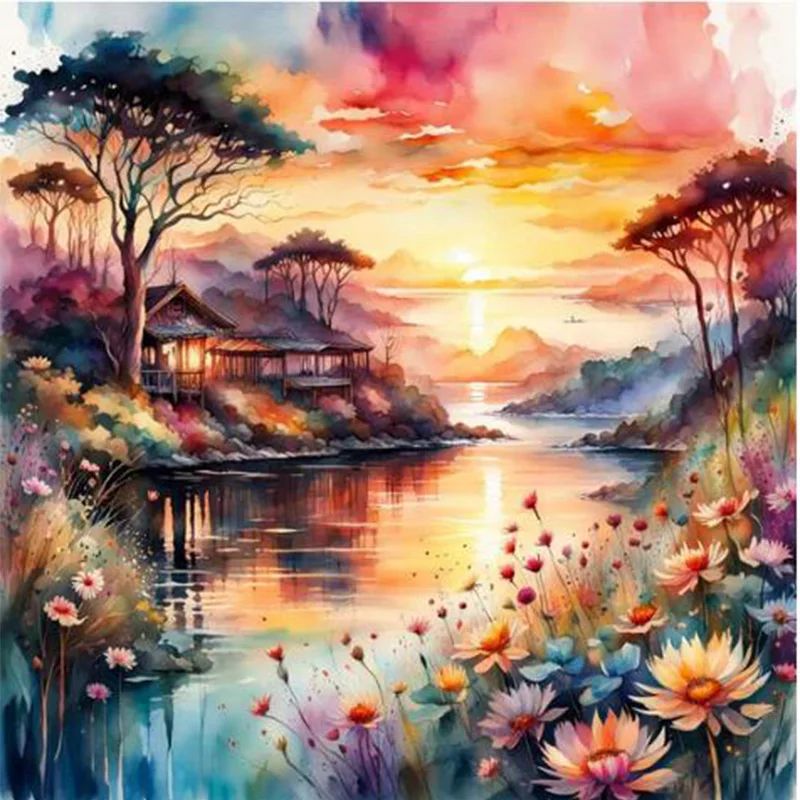 AB 다이아몬드 크로스 스티치 석양 호수 전망, DIY 다이아몬드 자수, 라인석 페인팅, 5D