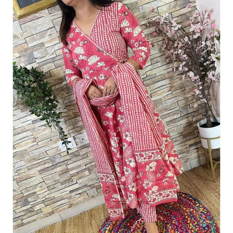

Cotton Printed Work Anarkali Kurti Pant Dupatta Set Indian Handmade Gift for Her