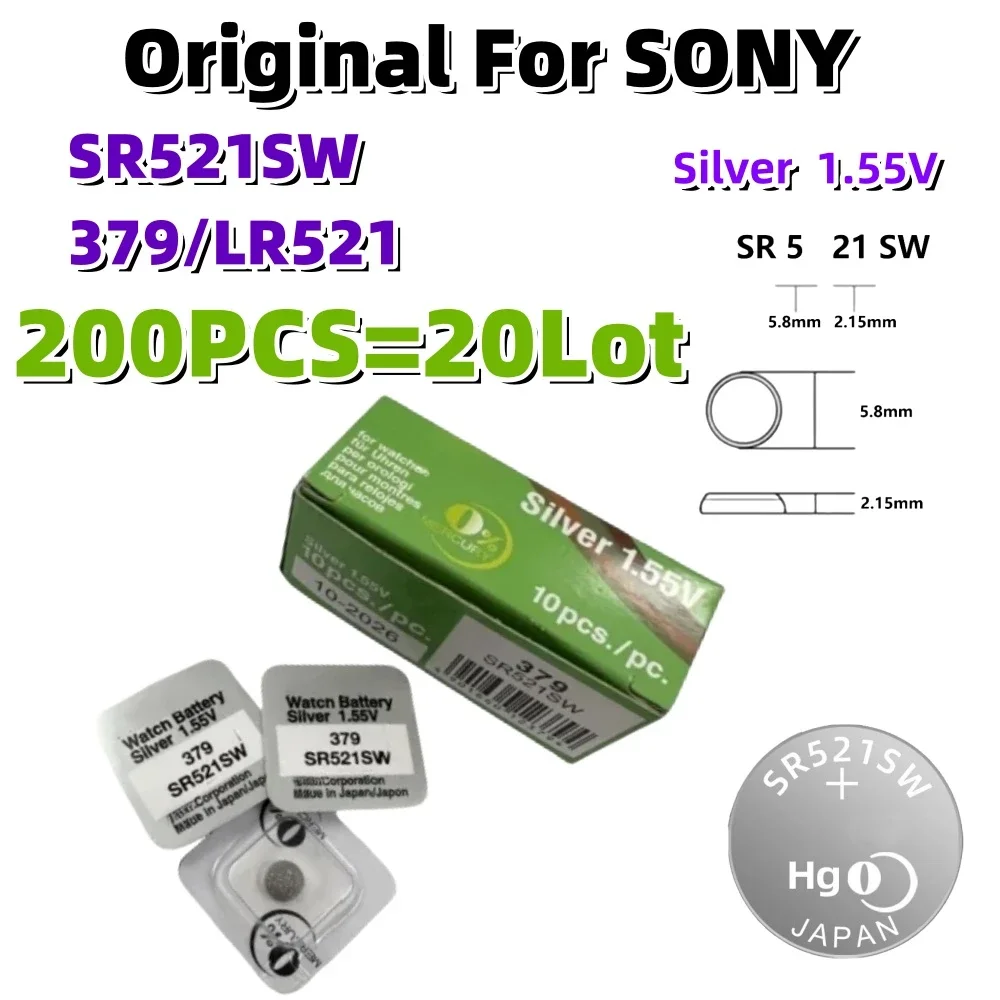 

200PCS Original For SONY LR521 SR521 Button Batteries SR521SW 379A 379 179 SR63 1.55V Alkaline Coin Cell Silver Oxide Watch