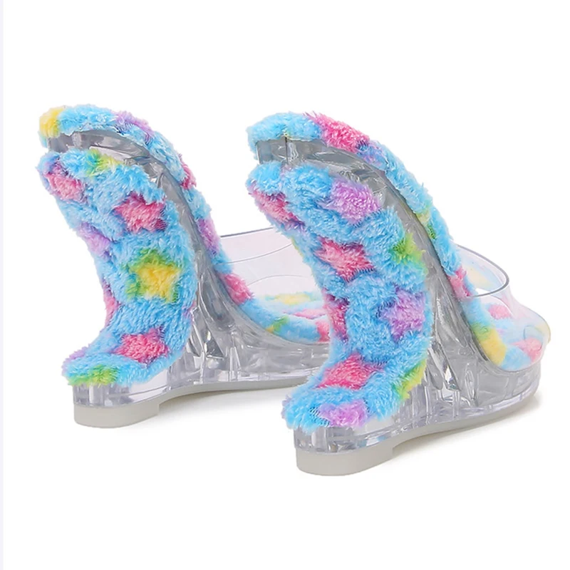Kcenid New Transparent Slippers For Women Fluffy Insole Women's Sandals Fashion Open Toe Strange Wedge Heels Platform Shoes 2024