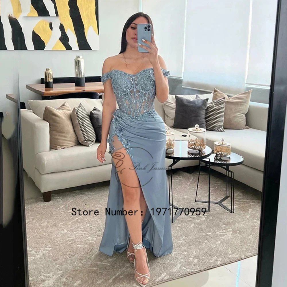 

Nordic Blue Mermaid Evening Dresses Elegant Women's Lace Appliques Prom Gowns Pleats Evening Party Dress 2024 Vestidos De Noche