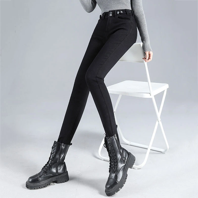 Korean Blue Skinny Pencil Jeans Women Design Vaqueros High Waist Ankle-length Pantalones Adjustable Buttons Stretch Denim Pants