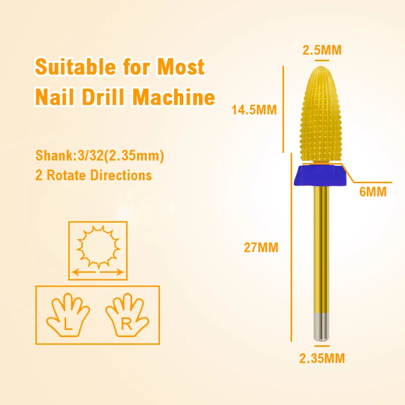 Large Cone Tungsten Nail Drill Bits Carbide Left Right Hand Available Dual Rotation Titanium Coating Manicure Gel Remover 3/32"