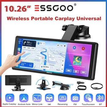 ESSGOO Soporte Universal Inalámbrico Portátil Carplay de 10.26 Pulgadas para Autocaravanas, Camiones, Radio Estéreo para Auto, Pantalla Táctil, GPS, Navegación, WIFI, Android Auto, Bluetooth, FM, Control del Volante 1