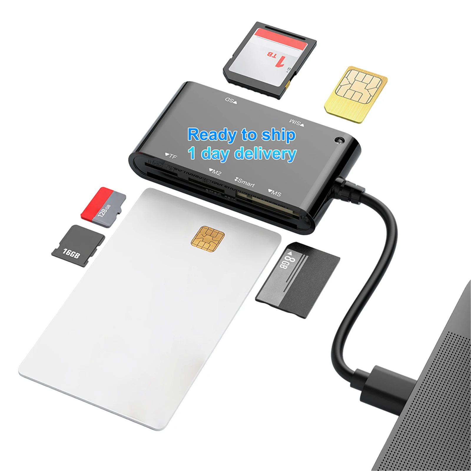 다기능 6-in-1 멀티 메모리 카드 리더기 스마트/MS/M2/TF/SIM/SD 카드 리더기 애플리케이션 필요 없음 맥용 플러그 앤 플레이