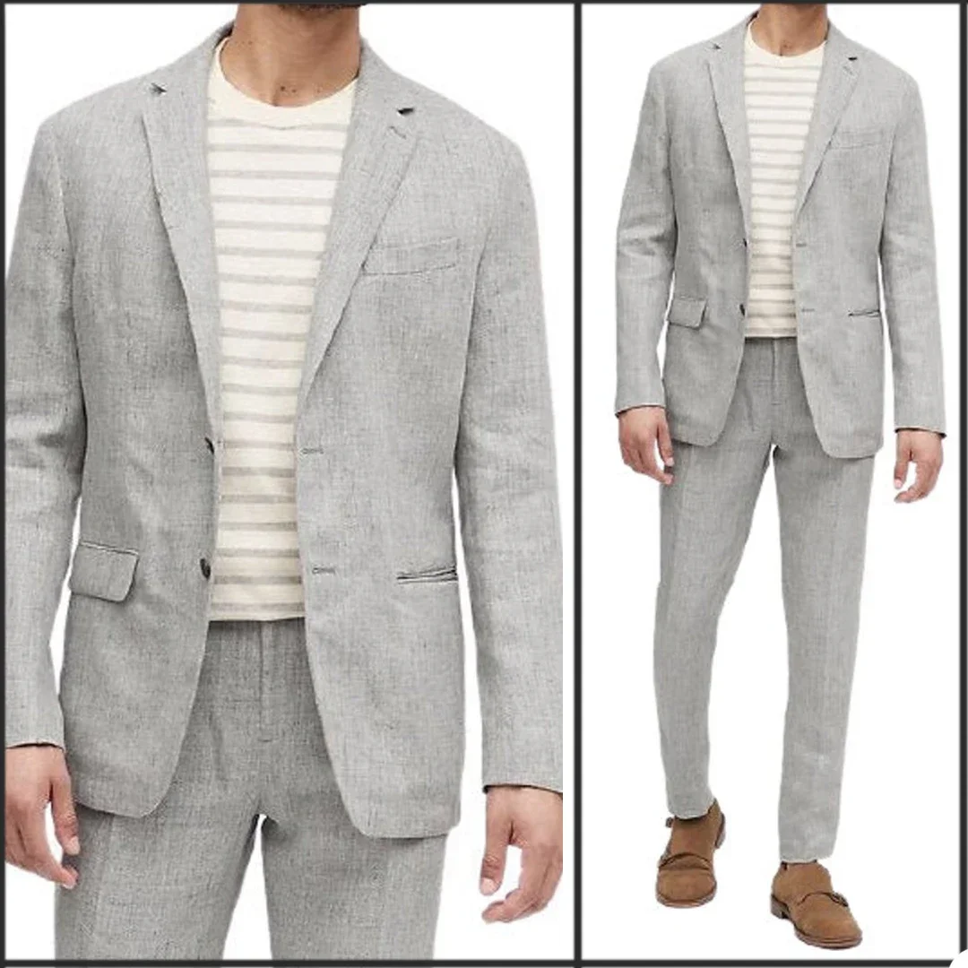 Summer Linen Light Gray 2 Piece Men Suits Tuxedo For Beach Wedding Party Jacket For Men High Quality Skinny Casual Costume Homme